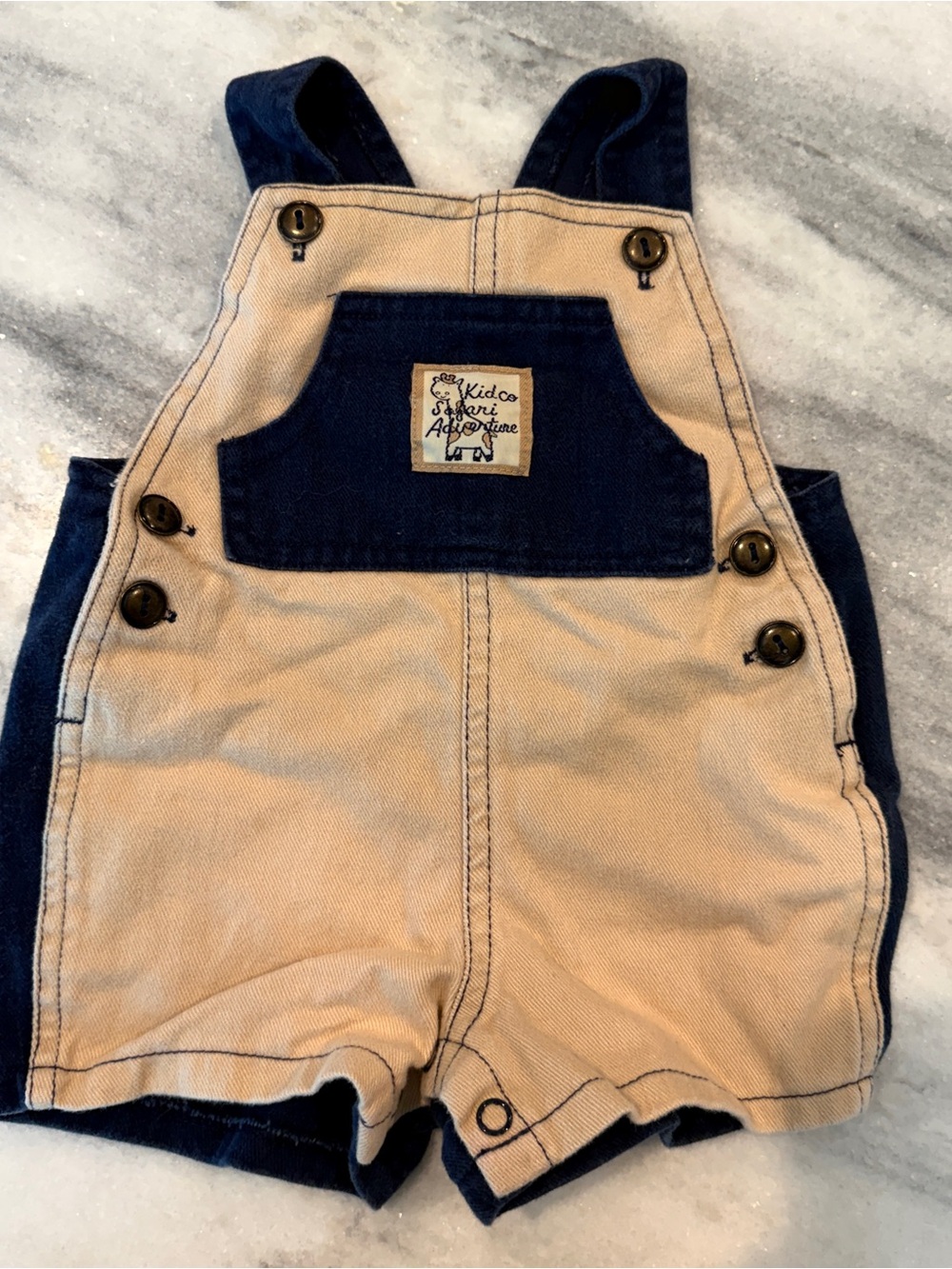 Vintage 0-6 Month Kidco Safari Adventure Tan & Navy Two-Tone Short Overalls